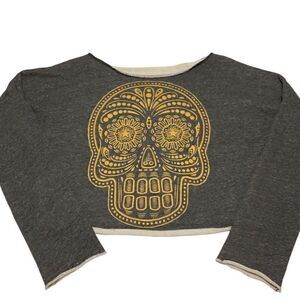 Roll Hem Skull Cropped Sweatshirt. Small. Heathered Grey and Yellow skulltober